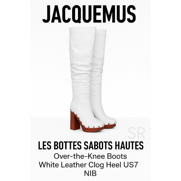 Jacquemus Les Bottes Sabots Hautes Over-the-Knee Boots White Leather Clog Heel U - Picture 14 of 14